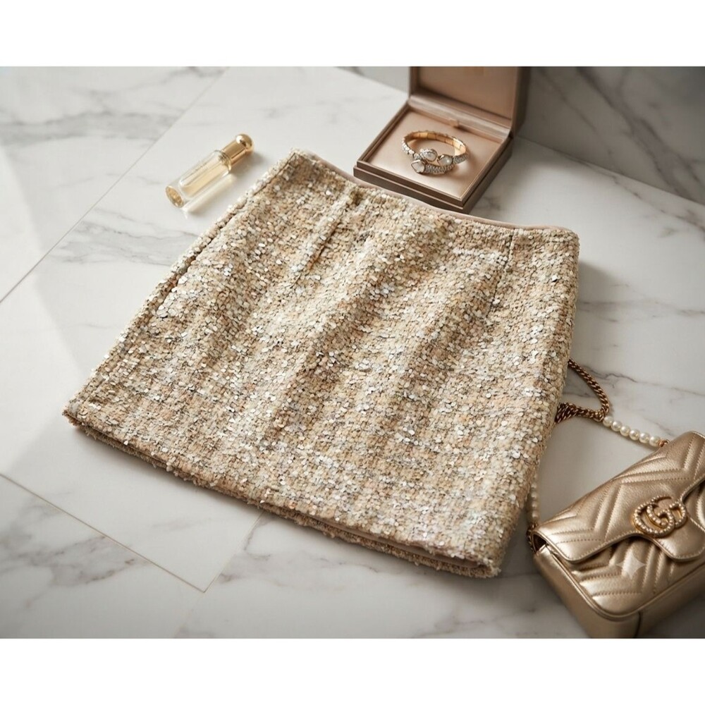 NWT Champagne Tweed Mini Skirt XS Lined Back Zip Sequin Woven Textured Elegant